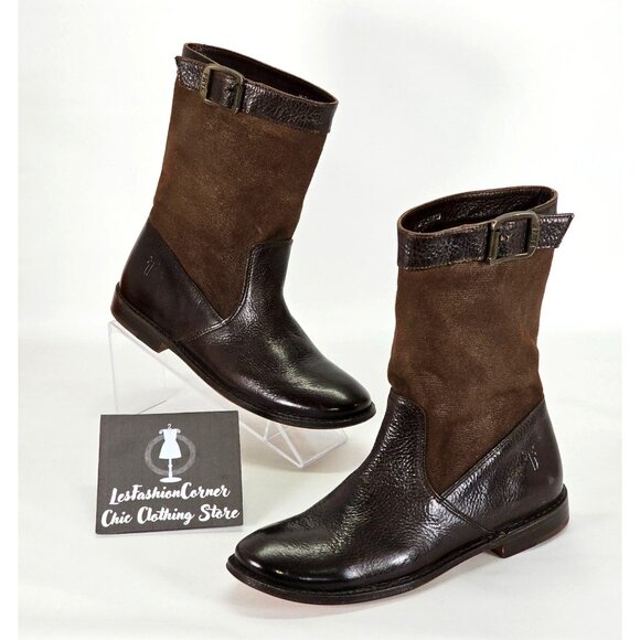 NWOB FRYE Women's Brown Leather/Canvas Shaft Buckle Ankle Boots Size 5.5 1888 - Picture 4 of 14